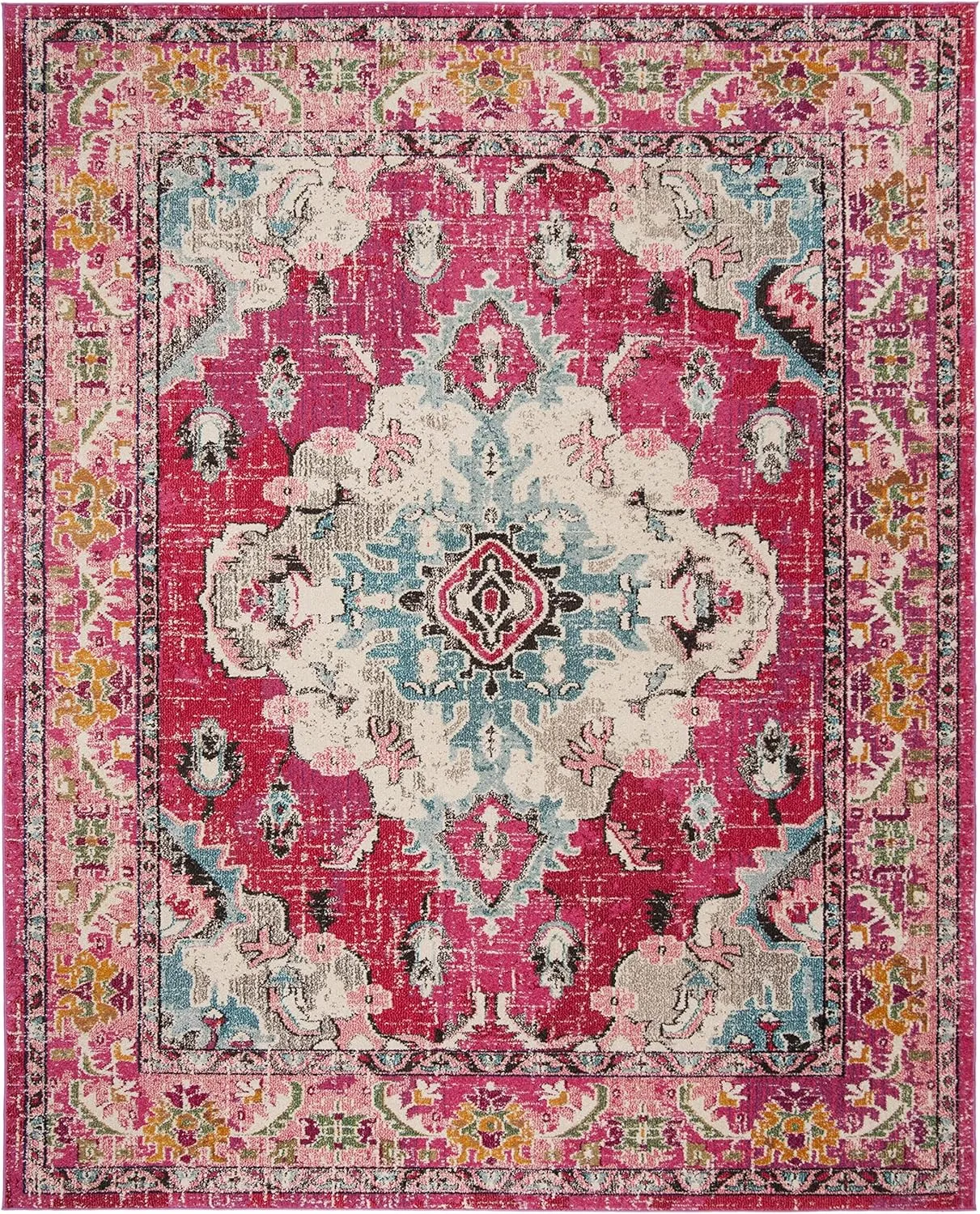 SAFAVIEH Monaco Collection Area Rug - 8' x 10', Pink & Multi, Boho Chic Medallion Distressed Design, Non-Shedding & Easy Care, Ideal for High Traffic Areas in Living Room, Bedroom (MNC243D)