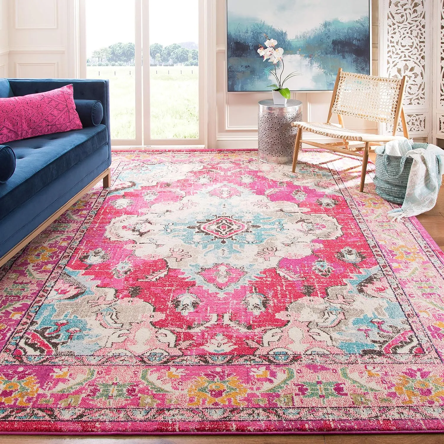 SAFAVIEH Monaco Collection Area Rug - 8' x 10', Pink & Multi, Boho Chic Medallion Distressed Design, Non-Shedding & Easy Care, Ideal for High Traffic Areas in Living Room, Bedroom (MNC243D)