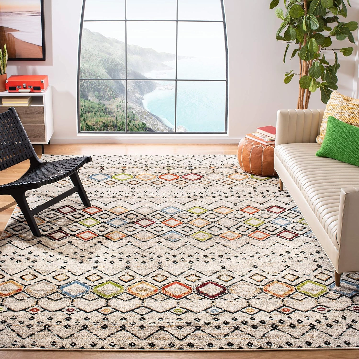 SAFAVIEH Amsterdam Collection Area Rug - 8' x 10', Ivory & Multi, Moroccan Boho Design, Non-Shedding & Easy Care, Ideal for High Traffic Areas in Living Room, Bedroom (AMS108K)