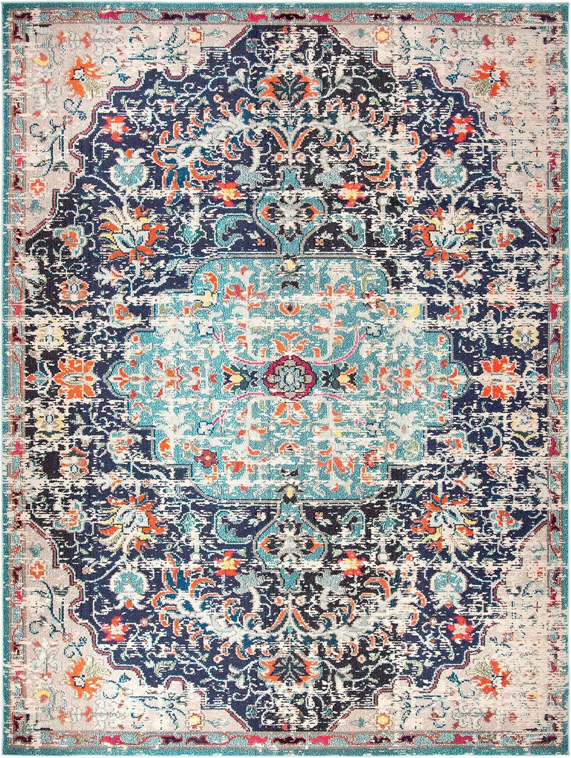 SAFAVIEH Area Rug 8x10 - Madison Collection - Large - Black & Teal, Boho Chic Medallion Distressed Design, Non-Shedding & Easy Cleaning, Ideal for Living Room, Bedroom, Office, Dining Space (MAD447Z)