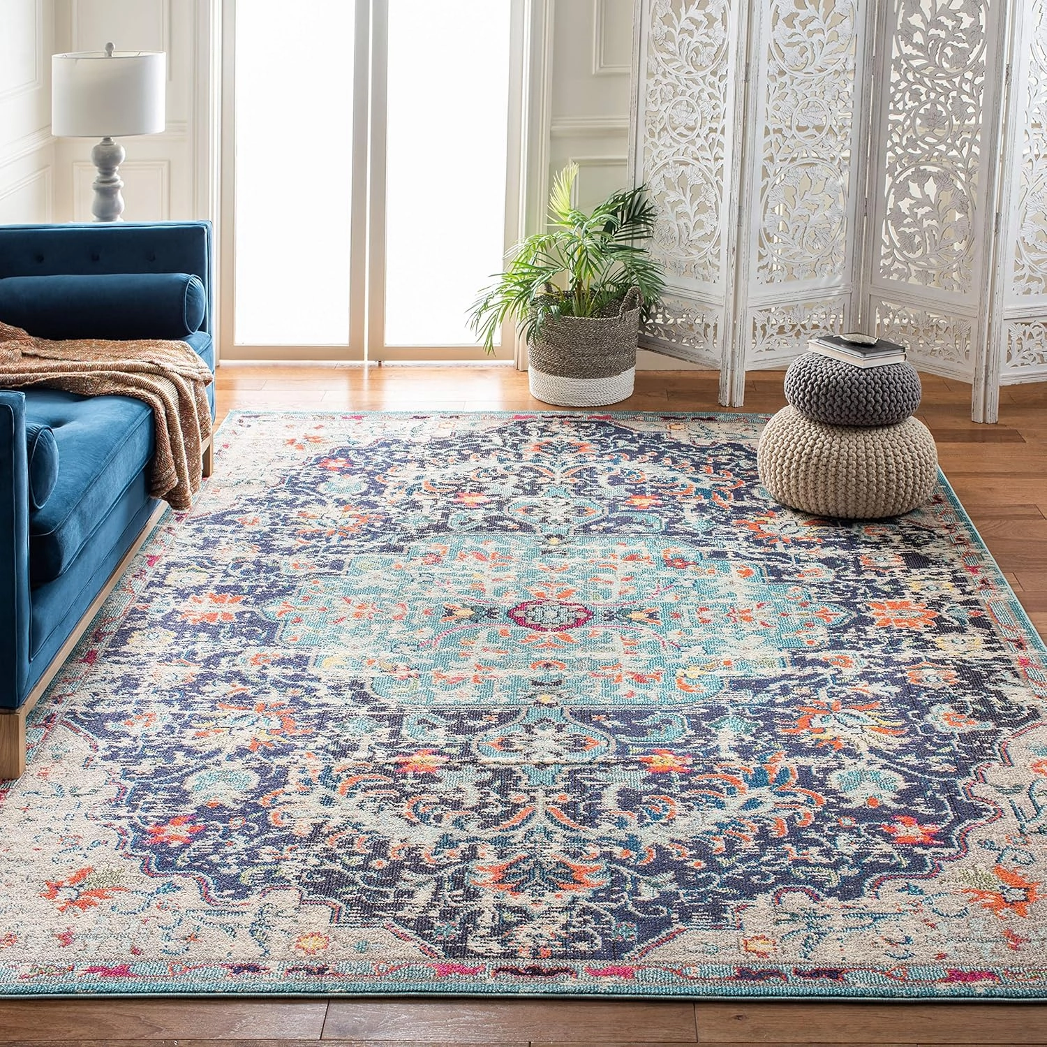 SAFAVIEH Area Rug 8x10 - Madison Collection - Large - Black & Teal, Boho Chic Medallion Distressed Design, Non-Shedding & Easy Cleaning, Ideal for Living Room, Bedroom, Office, Dining Space (MAD447Z)