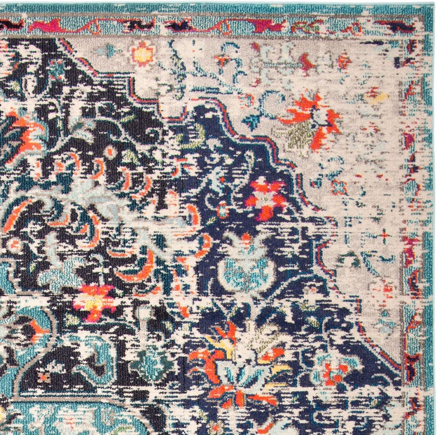 SAFAVIEH Area Rug 8x10 - Madison Collection - Large - Black & Teal, Boho Chic Medallion Distressed Design, Non-Shedding & Easy Cleaning, Ideal for Living Room, Bedroom, Office, Dining Space (MAD447Z)