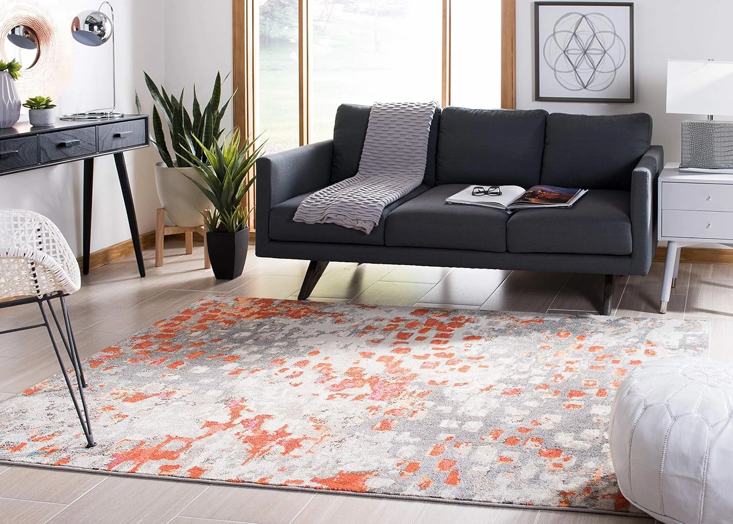 SAFAVIEH Area Rug 8x10 - Madison Collection - Large - Grey & Orange, Boho Abstract Distressed Design, Non-Shedding & Easy Cleaning, Ideal for Living Room, Bedroom, Office, Dining Space (MAD425H)