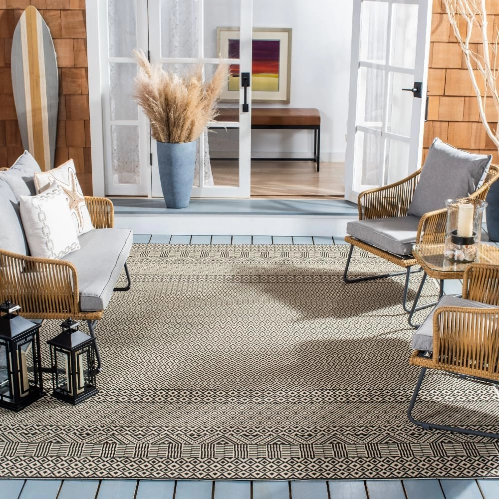 SAFAVIEH Courtyard Collection Area Rug - 8' x 10', Beige & Black, Moroccan Design, Non-Shedding & Easy Care, Indoor/Outdoor & Washable-Ideal for Patio, Backyard, Mudroom (CY6235-25612)