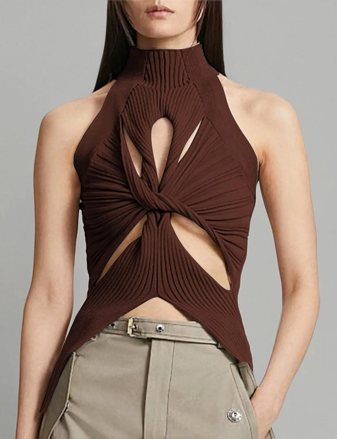 SAFRISIOR Women Sexy Hollow Out Twist Front Knitted Tank Tops Sleeveless High Neck Cut Out Sweater Vest