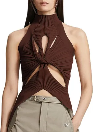 SAFRISIOR Women Sexy Hollow Out Twist Front Knitted Tank Tops Sleeveless High Neck Cut Out Sweater Vest