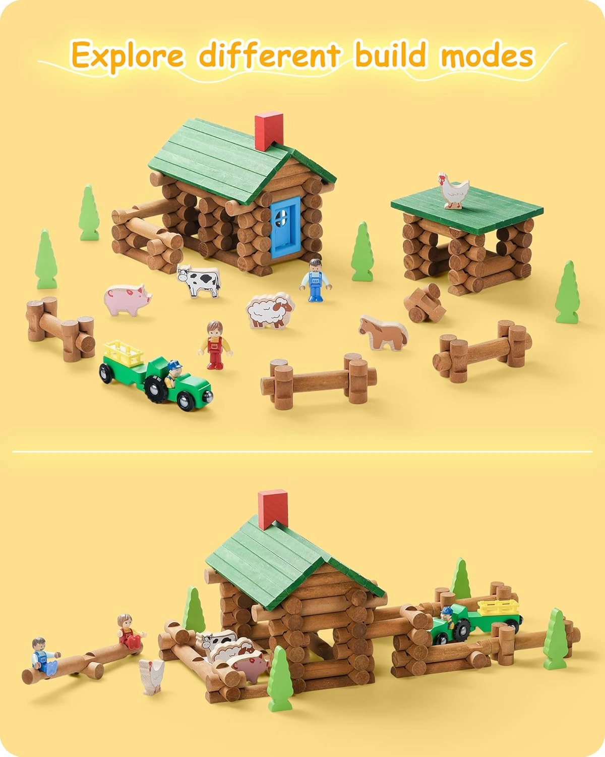 SainSmart Jr. Wooden Log Cabin Set Farm Building House Toy for Toddlers, 122 PCS Classic STEM Construction Kit with Colorful Wood Logs Blocks for 3  Years Old