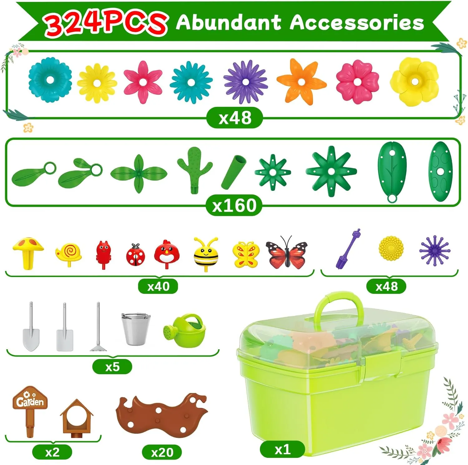 Scientoy Flower Garden Toy Building Blocks, 3 4 5 Year Old Girl Toys, 324 PCS Upgrade Flower Pretend Gardening Gifts for Kids, Floral Arrangement Playset for Age 3-7 Year Old Child Educational
