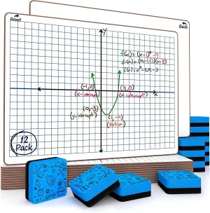 Scribbledo 12 Pack Dry Erase XY Axis Graph Lap Boards 9” X 12” for Student and Classroom Use, Math White Board - Double Sided White Boards with 12 Erasers Included
