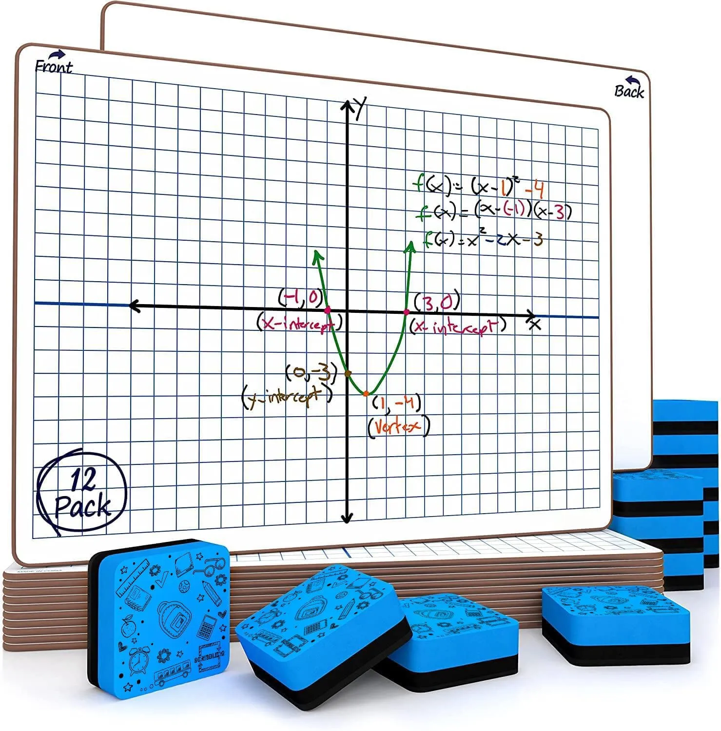 Scribbledo 12 Pack Dry Erase XY Axis Graph Lap Boards 9” X 12” for Student and Classroom Use, Math White Board - Double Sided White Boards with 12 Erasers Included