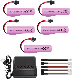 sea jump 5PCS 3.7V 2000mah SM-2P Plug Lithium Battery with 5in1 Charger for DE68 DE44 DE45W DE45 DE58 DE49 DE57 DE70 Off-Road Vehicle Truck Tank RC Remote Control Toy Car Battery