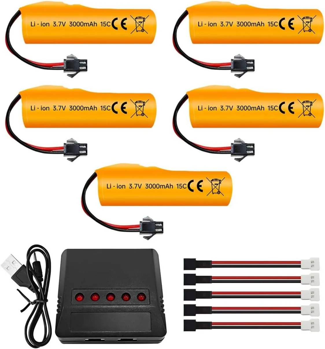 sea jump 5PCS 3.7V 3000mAh Li-ion Battery with SM-2P Plug and 5in1 Charger Suitable for DE42 DE44 DE45 DE68 RC Remote Control Car Drifting Car Truck Off-Road Racing Car
