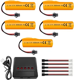 sea jump 5PCS 3.7V 3000mAh Li-ion Battery with SM-2P Plug and 5in1 Charger Suitable for DE42 DE44 DE45 DE68 RC Remote Control Car Drifting Car Truck Off-Road Racing Car