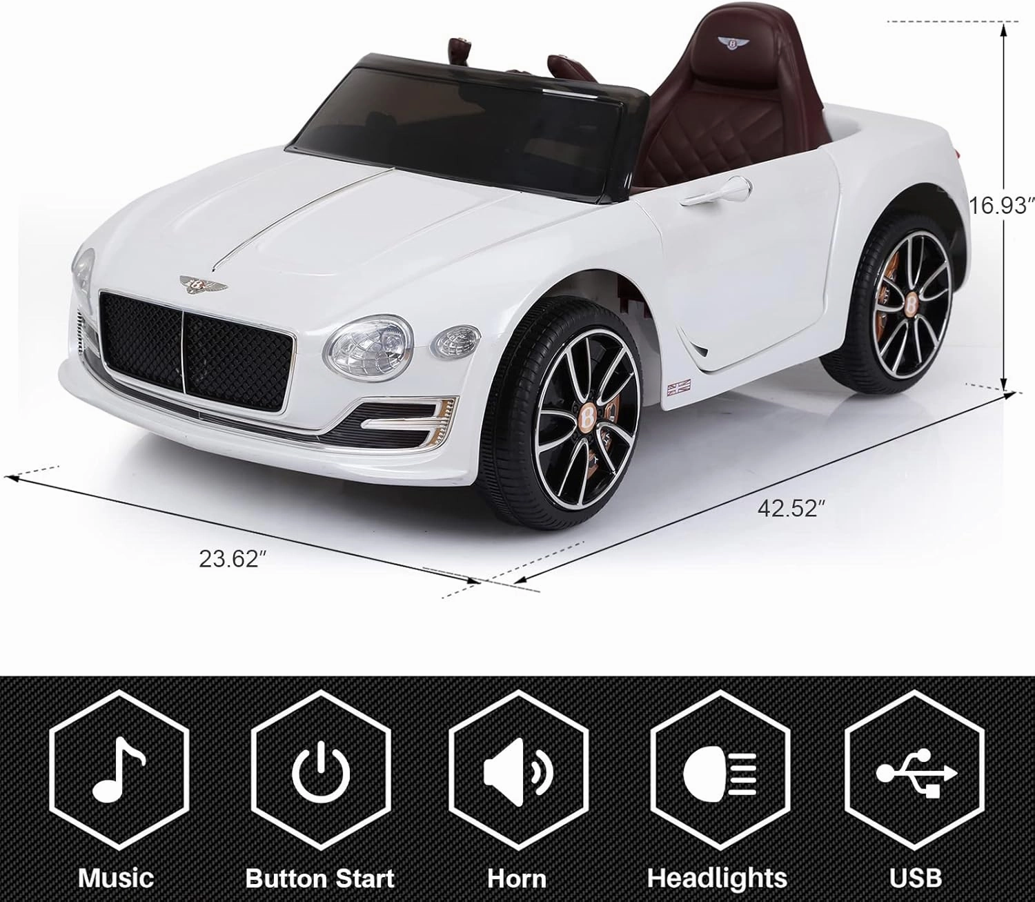 SEHOMY White 12V Electric Kid car with Parent Remote, Bentley Licensed Cars for Kids, Battery Powered Kids Ride on car, 4 Wheels Motorized Vehicles Children Toys, 2 Speeds, LED Headlights, MP3, Aux