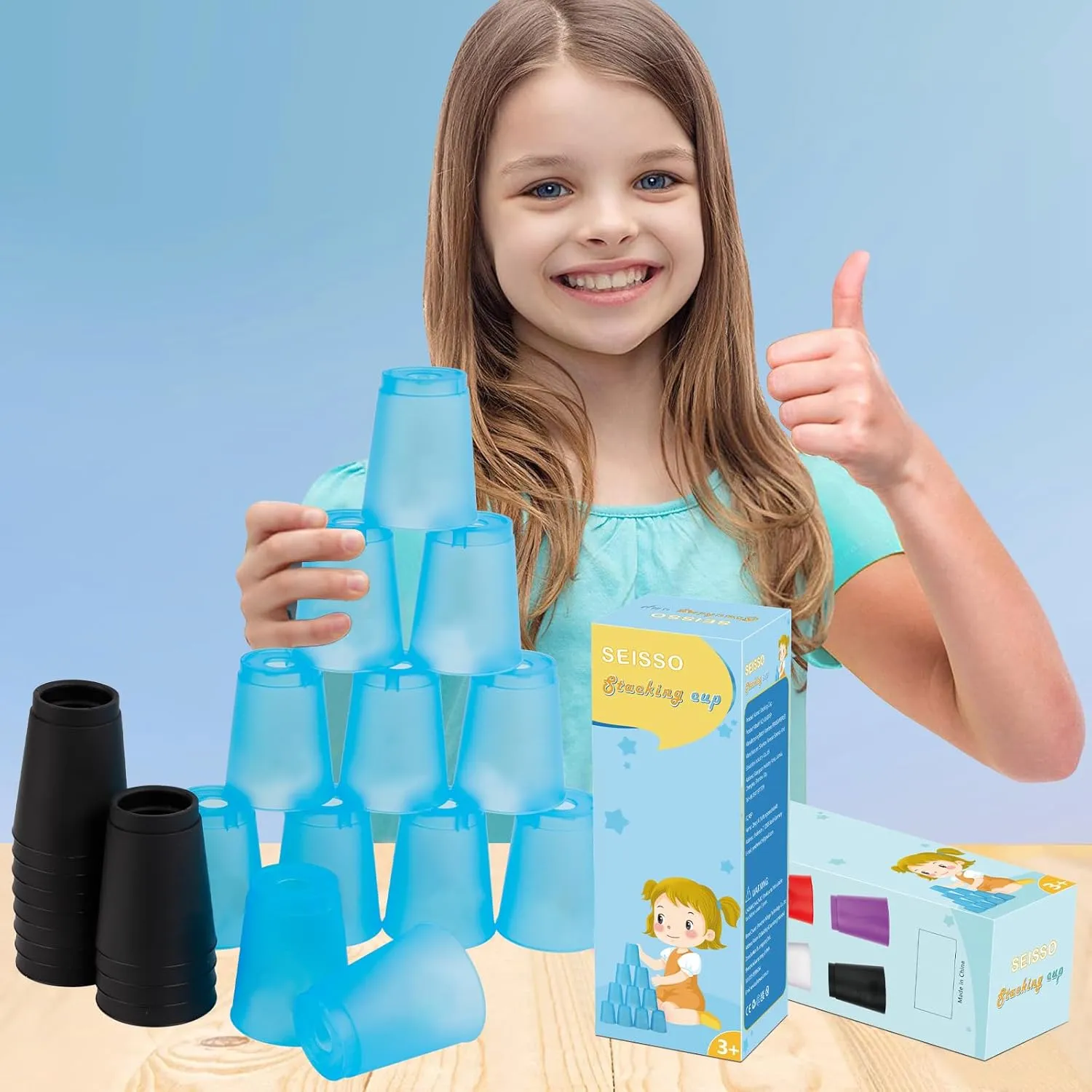 SEISSO Quick Stack Cups, 24PCS Stacking Cups Training Game for School Family Party, Kids Gifts Starter Set of Stacking Cup, Blue & Black