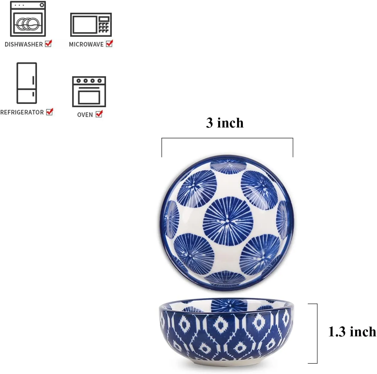Selamica Ceramic Mini Dipping Bowls 3 inch Soy Sauce Dish Set, 2.7 oz Small Dip Bowl for Side Dish, Appetizers, Sushi, BBQ, Set of 6, Vintage Blue