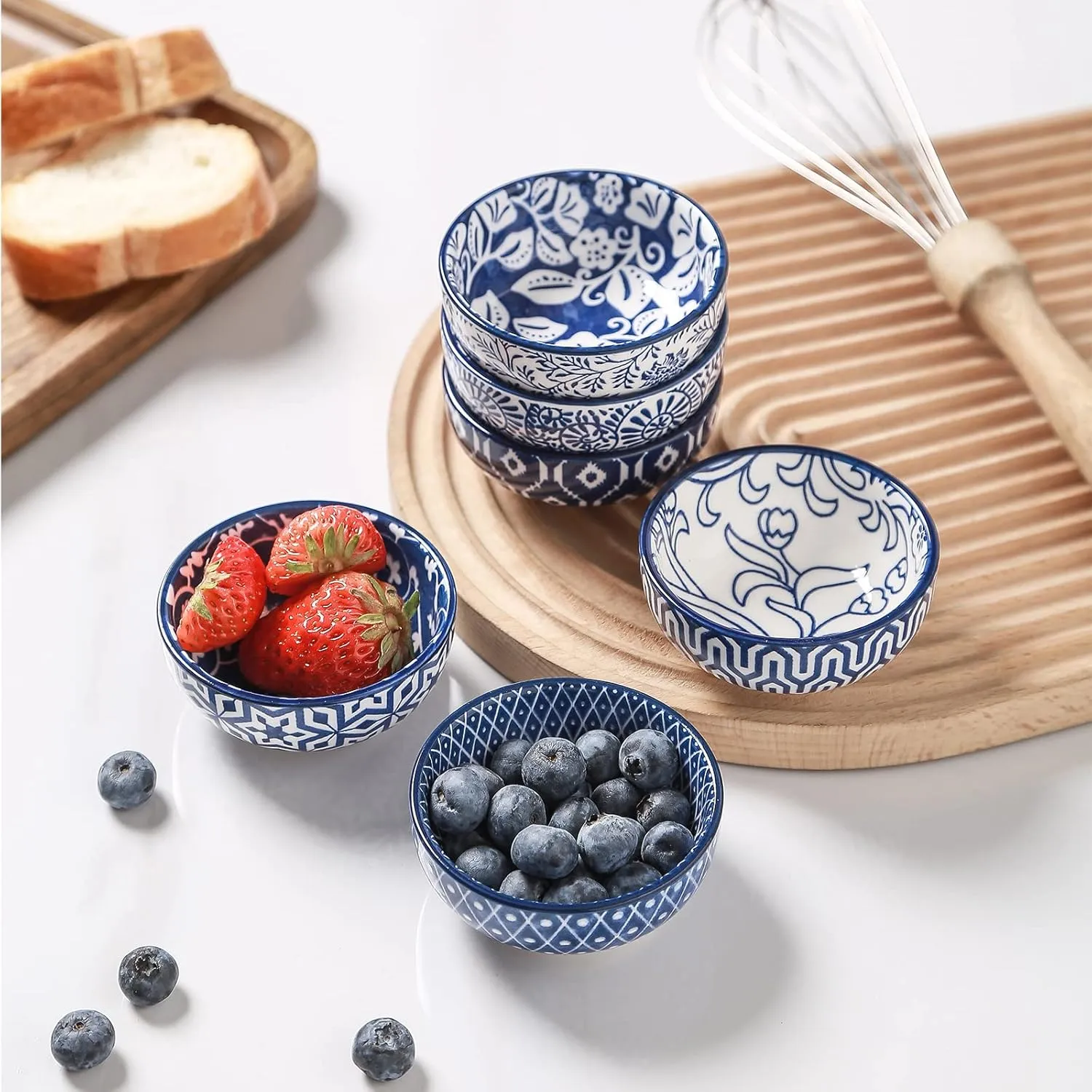 Selamica Ceramic Mini Dipping Bowls 3 inch Soy Sauce Dish Set, 2.7 oz Small Dip Bowl for Side Dish, Appetizers, Sushi, BBQ, Set of 6, Vintage Blue