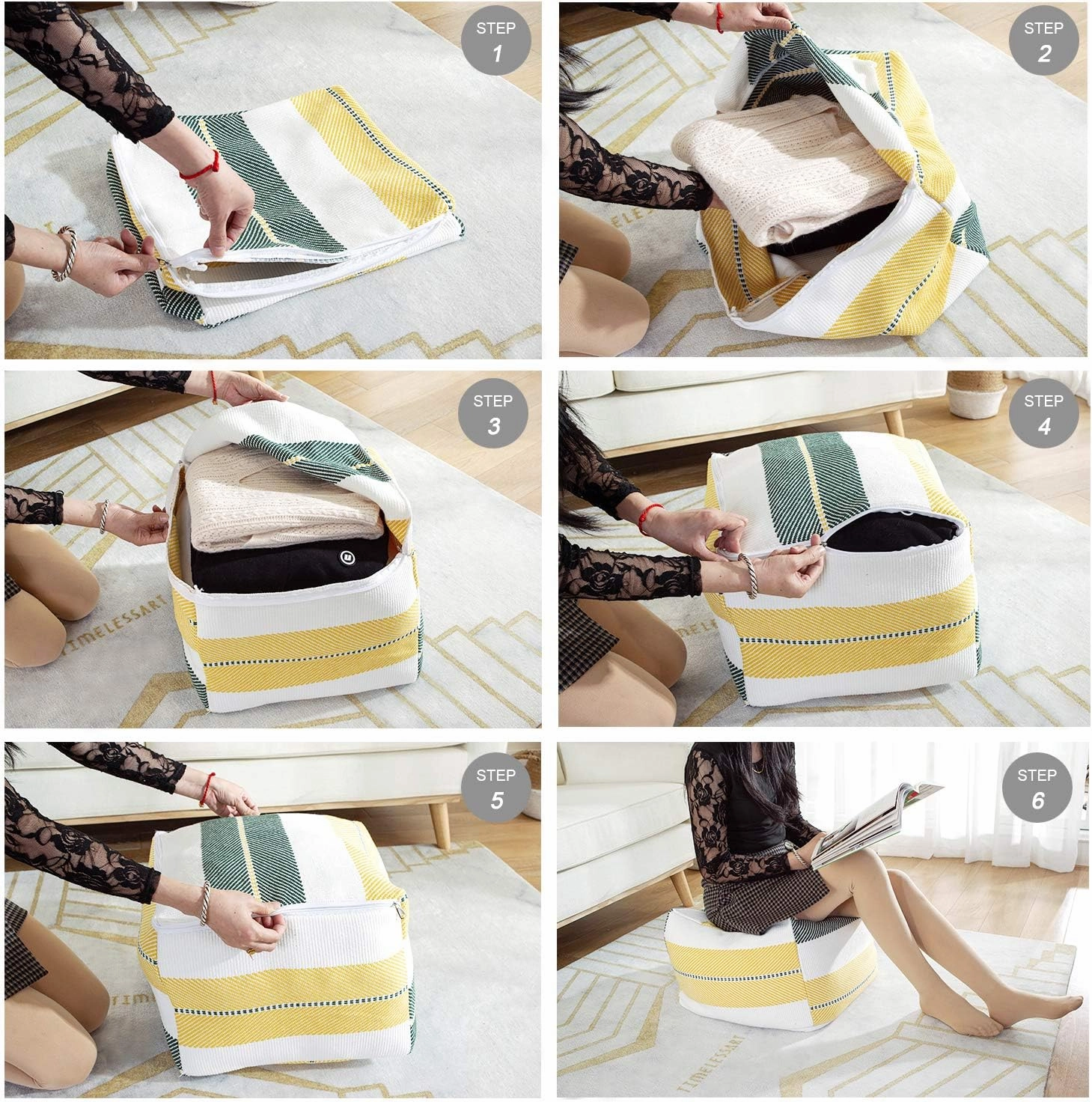 Sexysamba Unstuffed Square Pouf Cover Ottoman Bean Bag Chair Foot Stool Rest Decorative Poufs for Living Room Bedroom,White Plaid