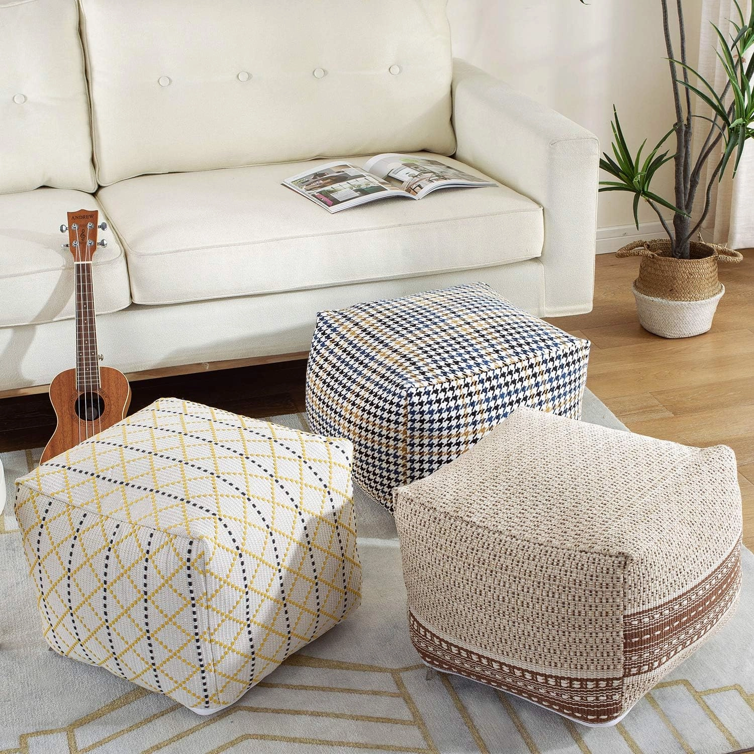 Sexysamba Unstuffed Square Pouf Cover Ottoman Bean Bag Chair Foot Stool Rest Decorative Poufs for Living Room Bedroom,White Plaid