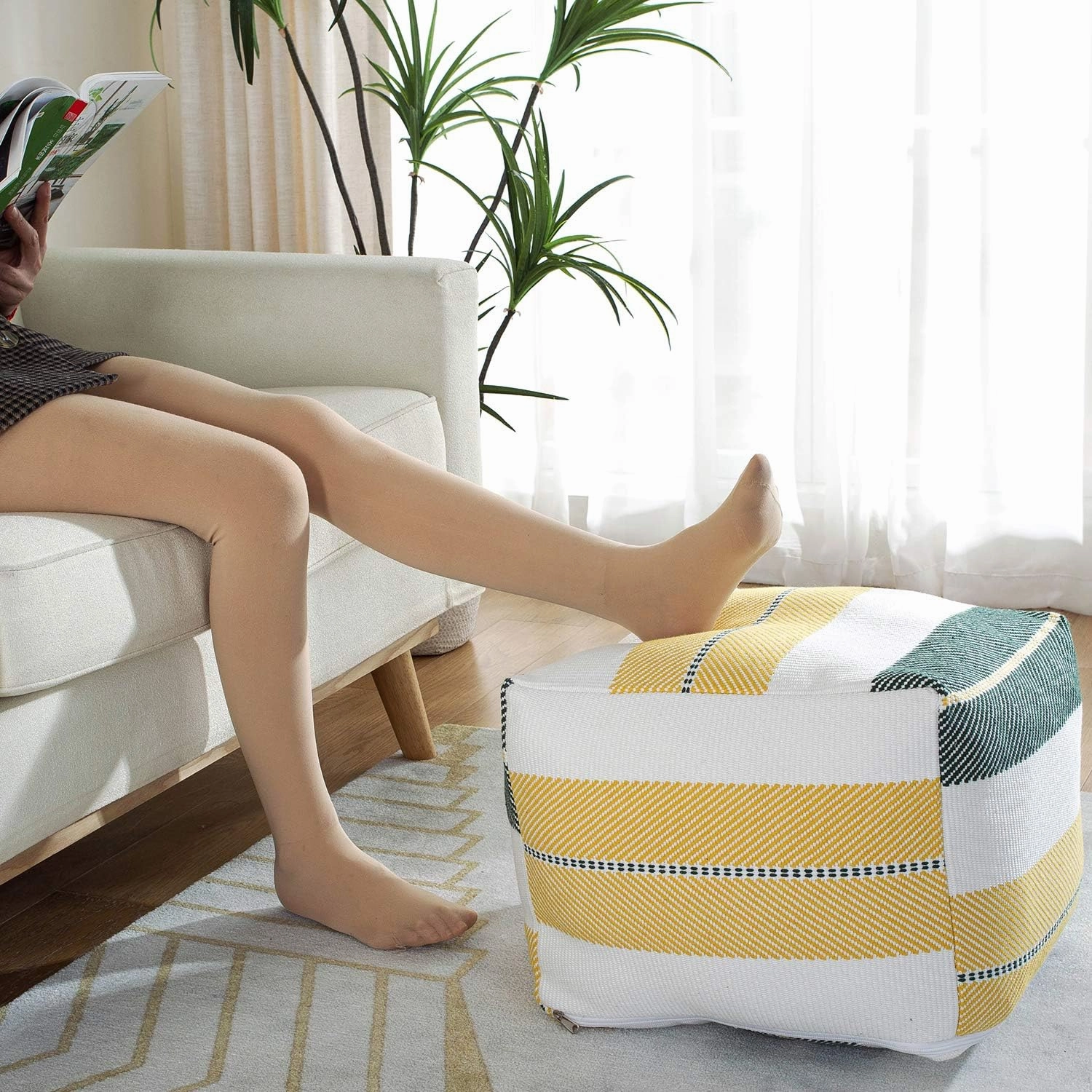 Sexysamba Unstuffed Square Pouf Cover Ottoman Bean Bag Chair Foot Stool Rest Decorative Poufs for Living Room Bedroom,White Plaid