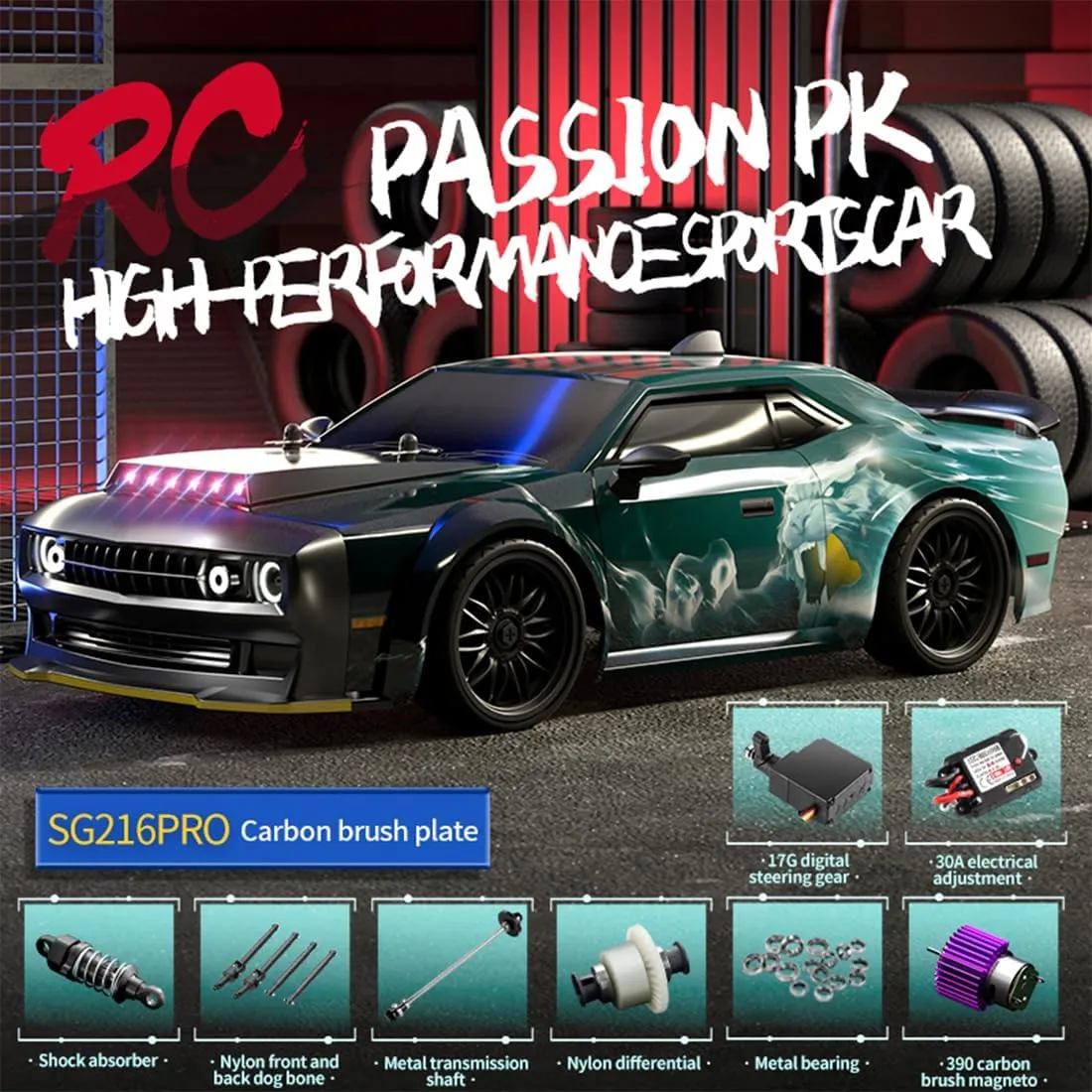 SG216 1/16 RC Drift Car Mini, 2.4G Full-Proportional Remote Control Sports Car with LED Lights, 40KM/H Electric 4WD RC Racing Cars Model, 1 Battery Toy Gift, RTR/Carbon Brush