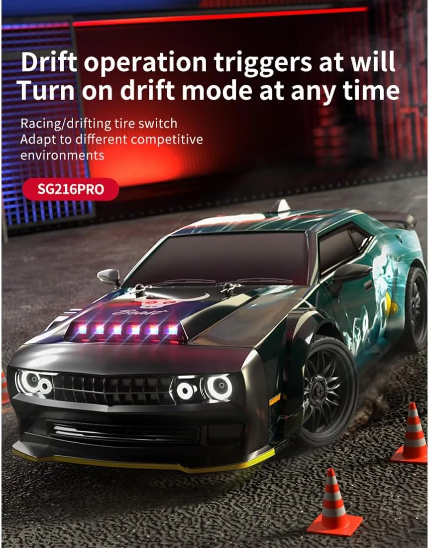 SG216 1/16 RC Drift Car Mini, 2.4G Full-Proportional Remote Control Sports Car with LED Lights, 40KM/H Electric 4WD RC Racing Cars Model, 1 Battery Toy Gift, RTR/Carbon Brush