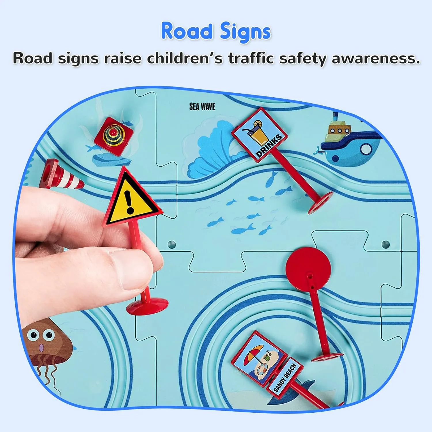 SGILE 12 PCS STEM Road Builder Puzzle for Kids Age 3 , Toddler Race Logical Brain Teaser Maze Board Game with Car, Early Learning Floor Play Set Toys for Boys Girls 3 4 5 6 7 Year Old Gift(Ocean)