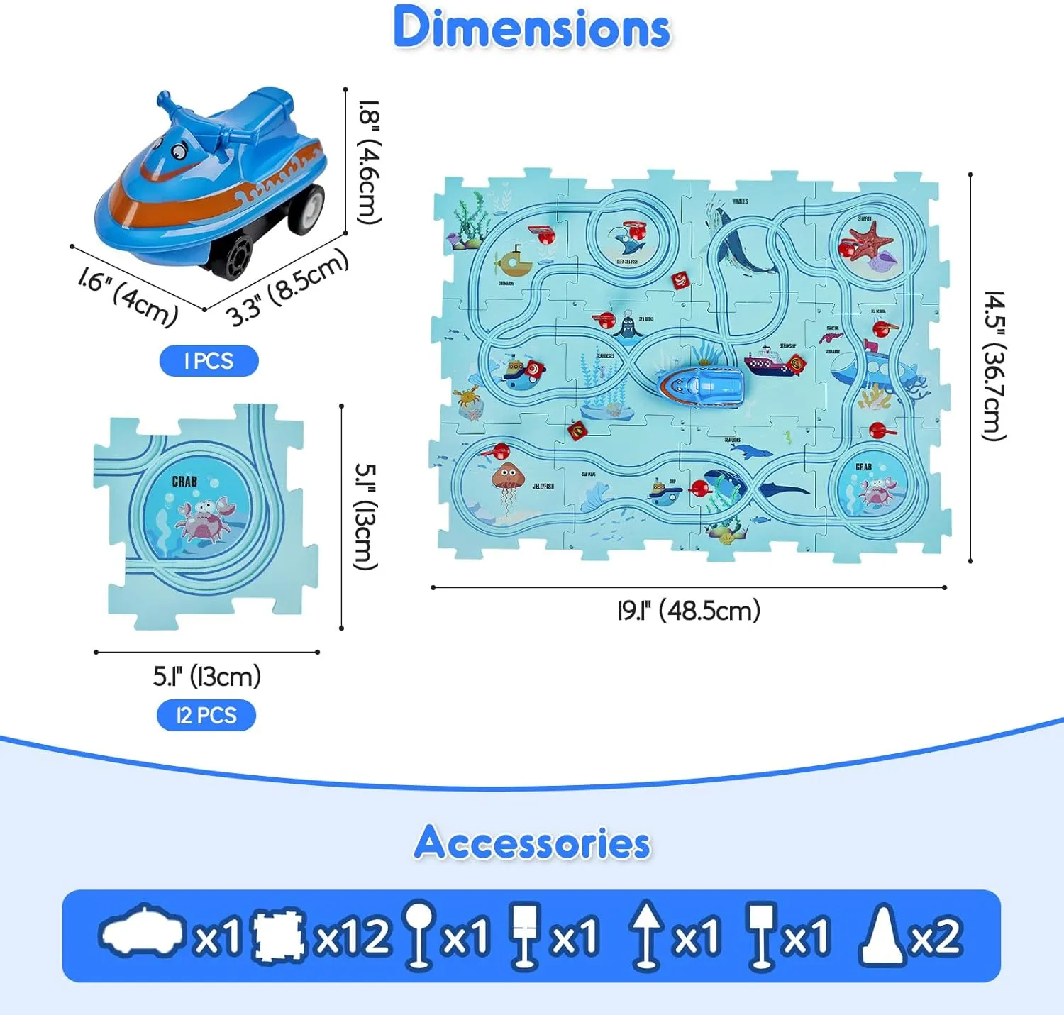 SGILE 12 PCS STEM Road Builder Puzzle for Kids Age 3 , Toddler Race Logical Brain Teaser Maze Board Game with Car, Early Learning Floor Play Set Toys for Boys Girls 3 4 5 6 7 Year Old Gift(Ocean)