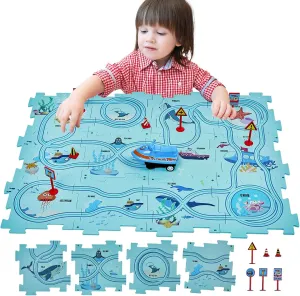 SGILE 12 PCS STEM Road Builder Puzzle for Kids Age 3 , Toddler Race Logical Brain Teaser Maze Board Game with Car, Early Learning Floor Play Set Toys for Boys Girls 3 4 5 6 7 Year Old Gift(Ocean)