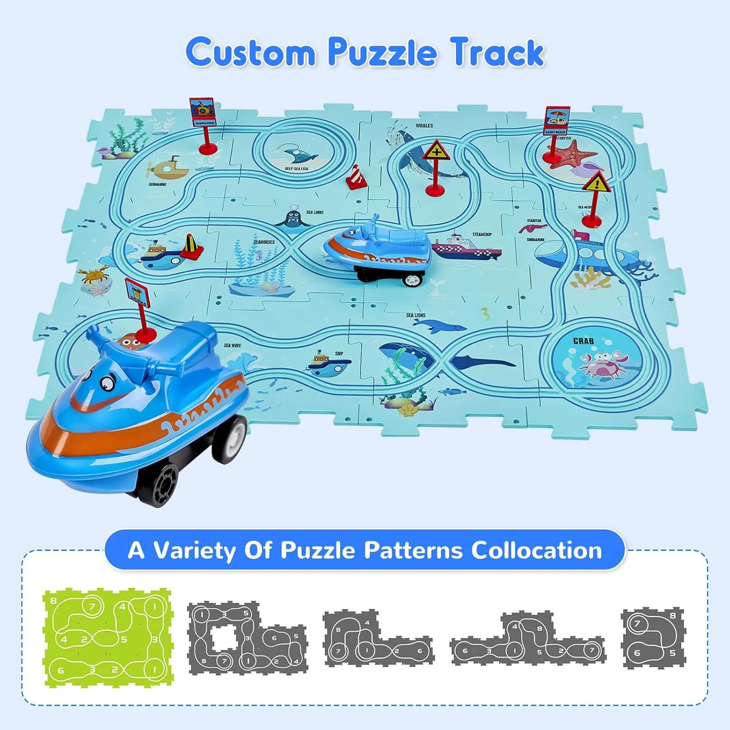 SGILE 12 PCS STEM Road Builder Puzzle for Kids Age 3 , Toddler Race Logical Brain Teaser Maze Board Game with Car, Early Learning Floor Play Set Toys for Boys Girls 3 4 5 6 7 Year Old Gift(Ocean)