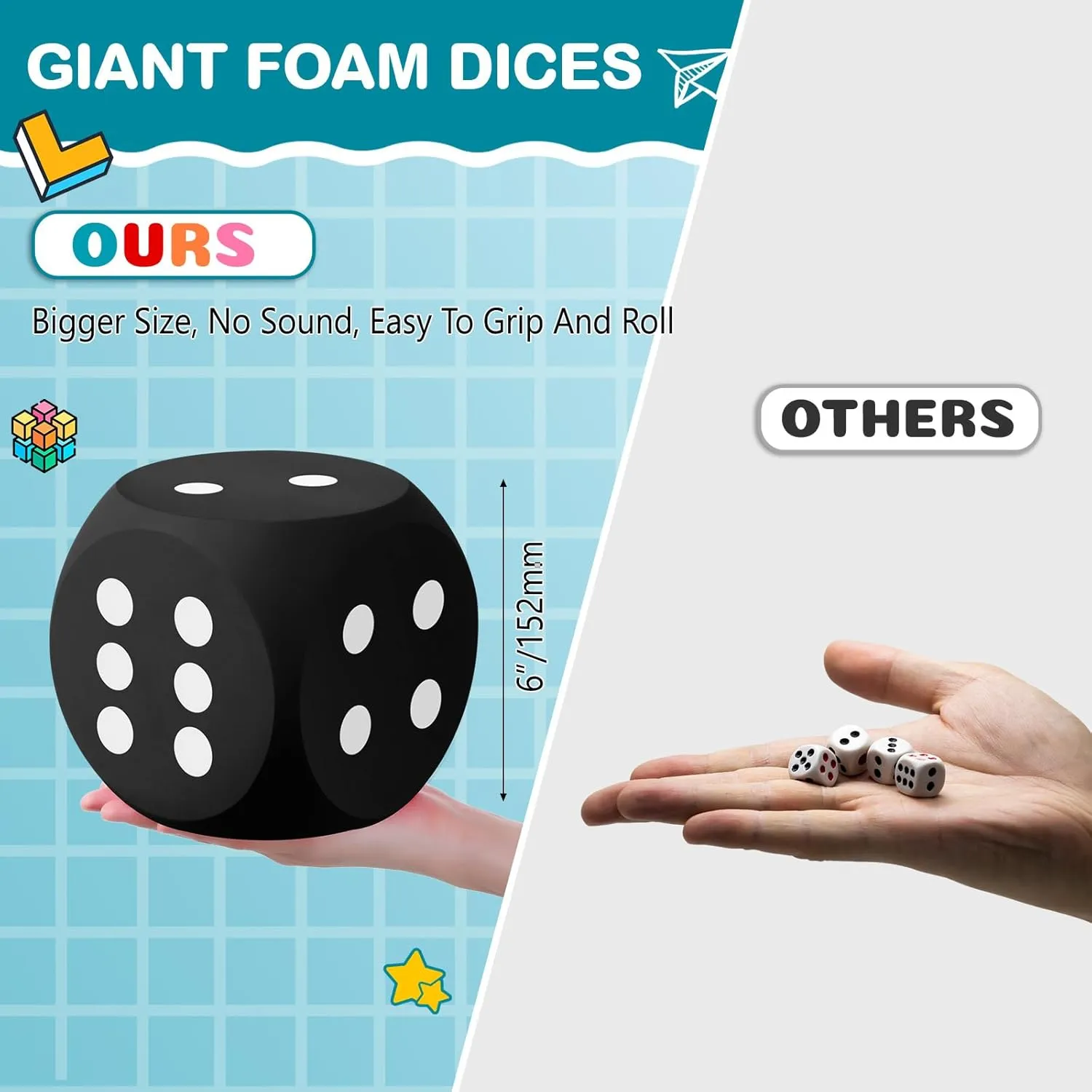 Shappy 6 Inches Foam Dice Fun Filled Large Educational Toy Kawaii Giant Dice Decorative Eva Foam Jumbo Cube Big Square Building Blocks for Game Nights Learning Sessions(Black,1 Pc)