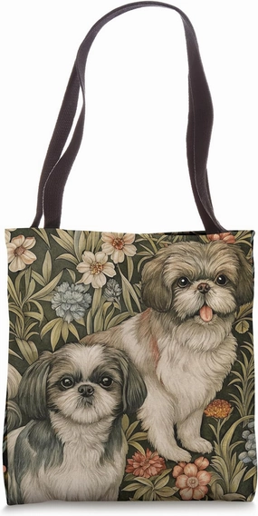 Shih Tzu Dogs in a William Morris Style Floral Garden Tote Bag