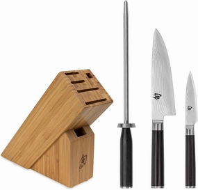 Shun Classic 4 Piece Slimline Block Set, Includes 6" Chef and 3.5" Paring Knives, Honing Steel & Bamboo Knife Block, Handcrafted Japanese Knife Set, Pakkawood Handles