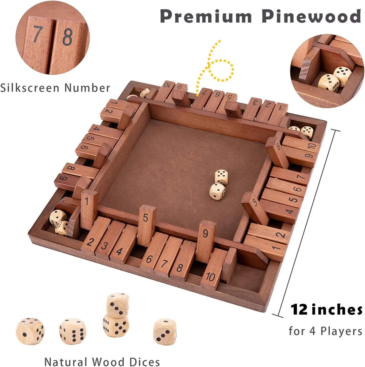 Shut The Box Game Wooden 4 Player, Classic Board Game for Kids & Adults, Educational Math Learning Toy, Table Dice Game for The Party Family or Bar - 12 Inch with 8 Dice
