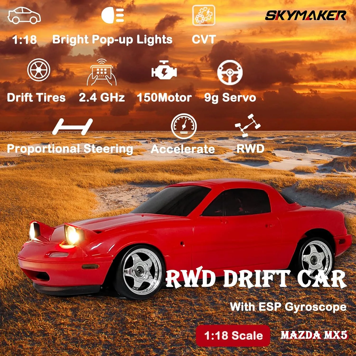 Skymaker LD1804 RC Drift Car 1/18 Scale Mazda Miata MX-5 Control Drift Car with Gyro Red Hobby RC Car for Adult 2.4 GHz RWD Drifting