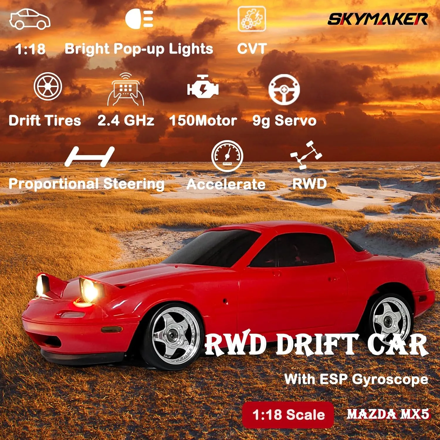 Skymaker LDRC Mazda MX5 Miata RC Drift Car 1/18, 2.4GHz Drifting with Gyro Pop-up Lights, RWD Drift Car for Adult Gift (Red with 2 Batteries)