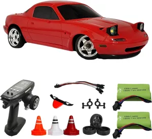 Skymaker LDRC Mazda MX5 Miata RC Drift Car 1/18, 2.4GHz Drifting with Gyro Pop-up Lights, RWD Drift Car for Adult Gift (Red with 2 Batteries)