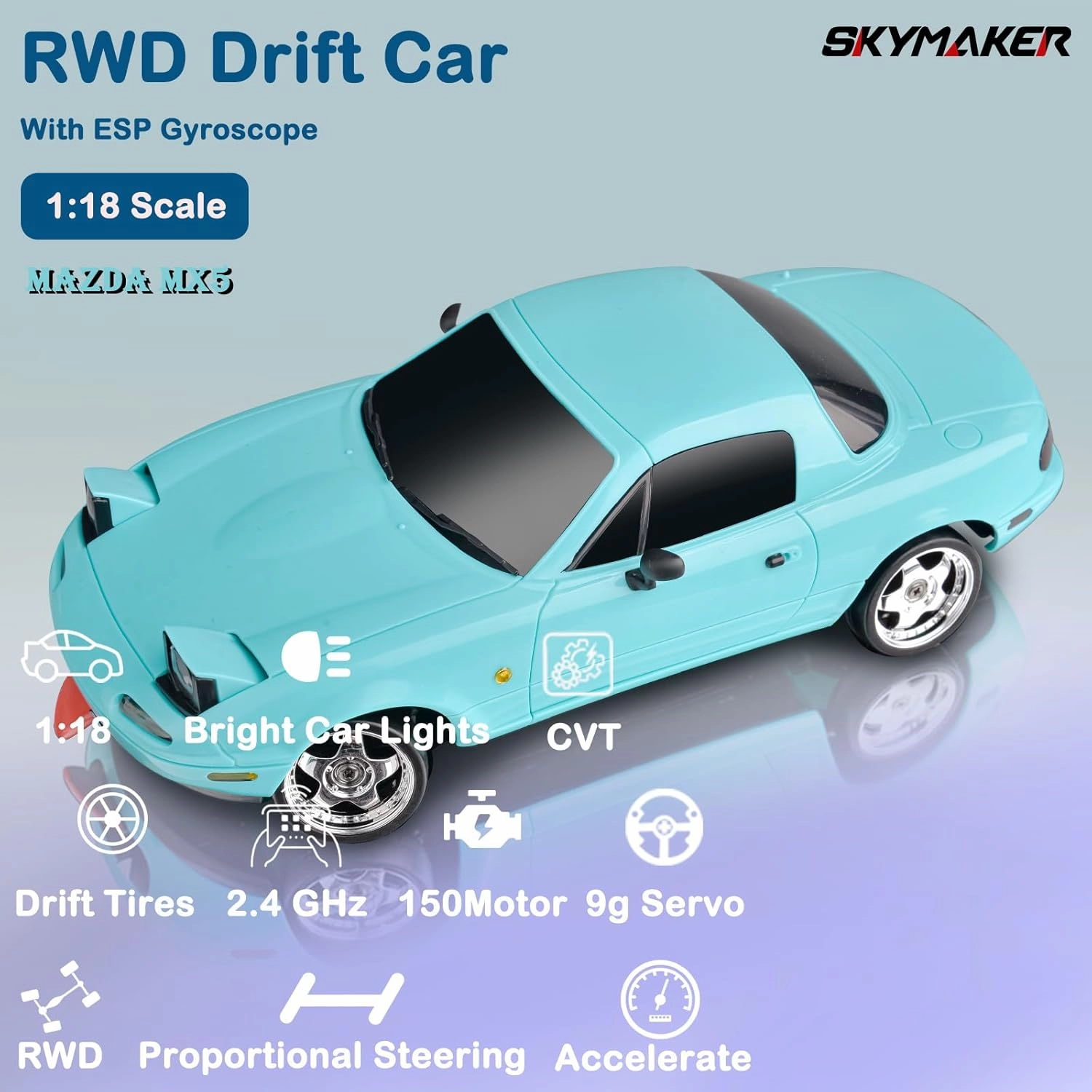 Skymaker RC Drift Car Mazda MX5 LDR/C 1/18 RWD Drifting Small 2.4G Miata Drift Car for Adults with Gyro LED Flip Lights (Set B-Blue)