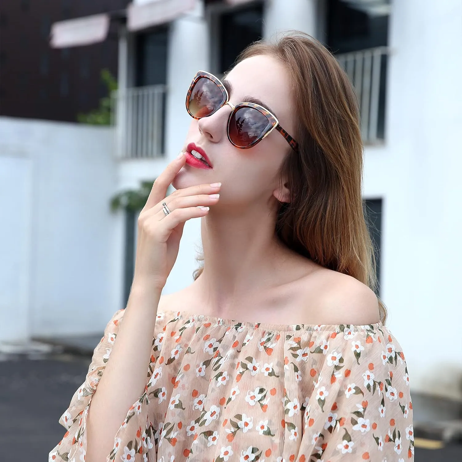 SKYWAY Oversized Round Sunglasses for Women Cat Eye Sun Glasses Shades for Driving Metal Frame UV400 Protection