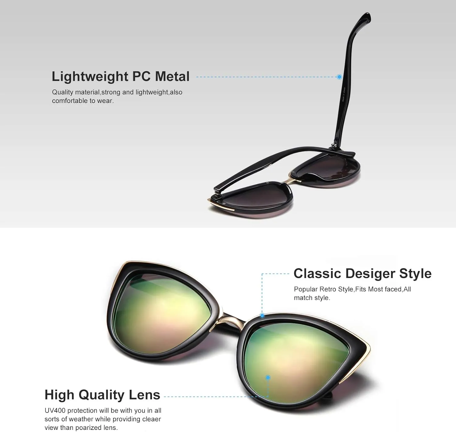 SKYWAY Oversized Round Sunglasses for Women Cat Eye Sun Glasses Shades for Driving Metal Frame UV400 Protection