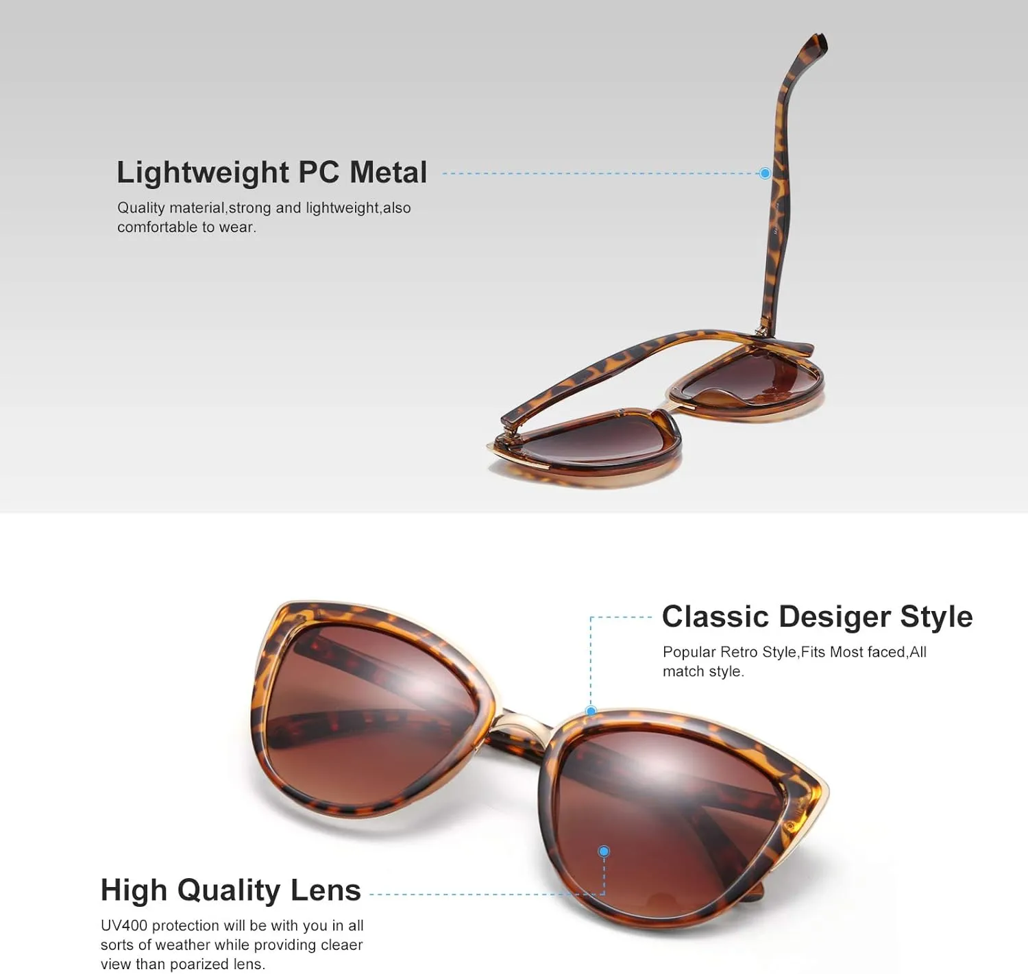 SKYWAY Oversized Round Sunglasses for Women Cat Eye Sun Glasses Shades for Driving Metal Frame UV400 Protection