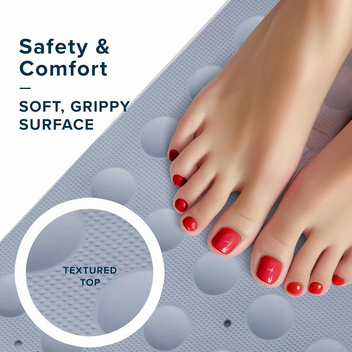 SlipX Solutions Square Natural Rubber Shower Stall Mat, 21” x 21”, Non Slip Safety, Built-in Product Protection, 140 Power Grip Suction Cups, Center Drain Hole, Gray