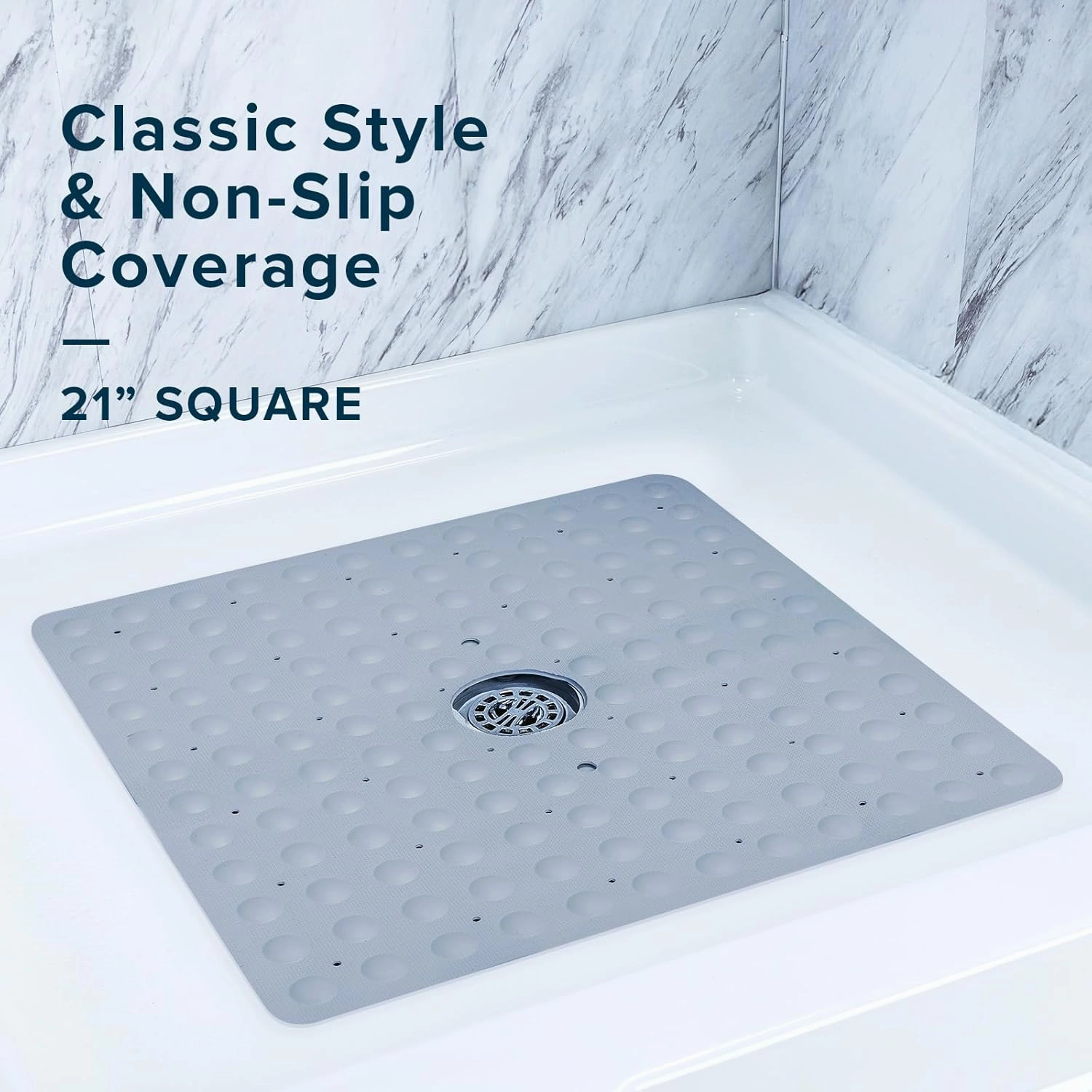 SlipX Solutions Square Natural Rubber Shower Stall Mat, 21” x 21”, Non Slip Safety, Built-in Product Protection, 140 Power Grip Suction Cups, Center Drain Hole, Gray