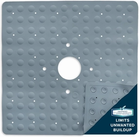 SlipX Solutions Square Natural Rubber Shower Stall Mat, 21” x 21”, Non Slip Safety, Built-in Product Protection, 140 Power Grip Suction Cups, Center Drain Hole, Gray