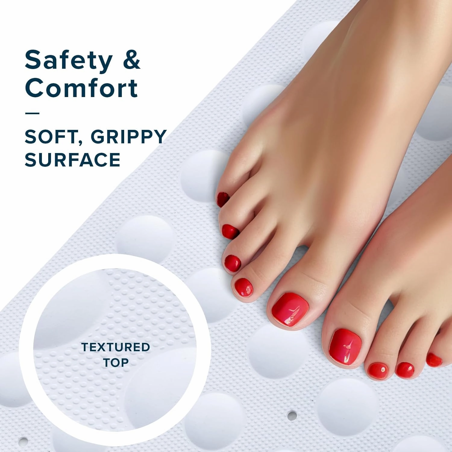 SlipX Solutions Square Natural Rubber Shower Stall Mat, 21” x 21”, Non Slip Safety, Built-in Product Protection, 140 Power Grip Suction Cups, Center Drain Hole, White