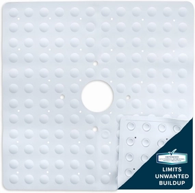 SlipX Solutions Square Natural Rubber Shower Stall Mat, 21” x 21”, Non Slip Safety, Built-in Product Protection, 140 Power Grip Suction Cups, Center Drain Hole, White