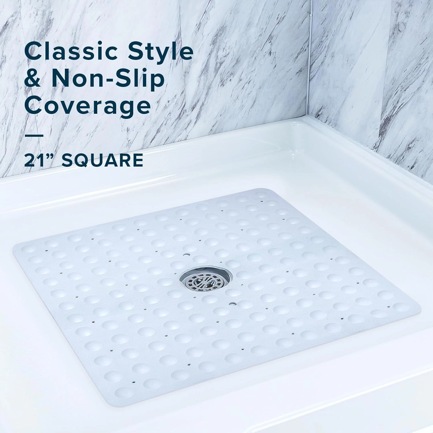 SlipX Solutions Square Natural Rubber Shower Stall Mat, 21” x 21”, Non Slip Safety, Built-in Product Protection, 140 Power Grip Suction Cups, Center Drain Hole, White