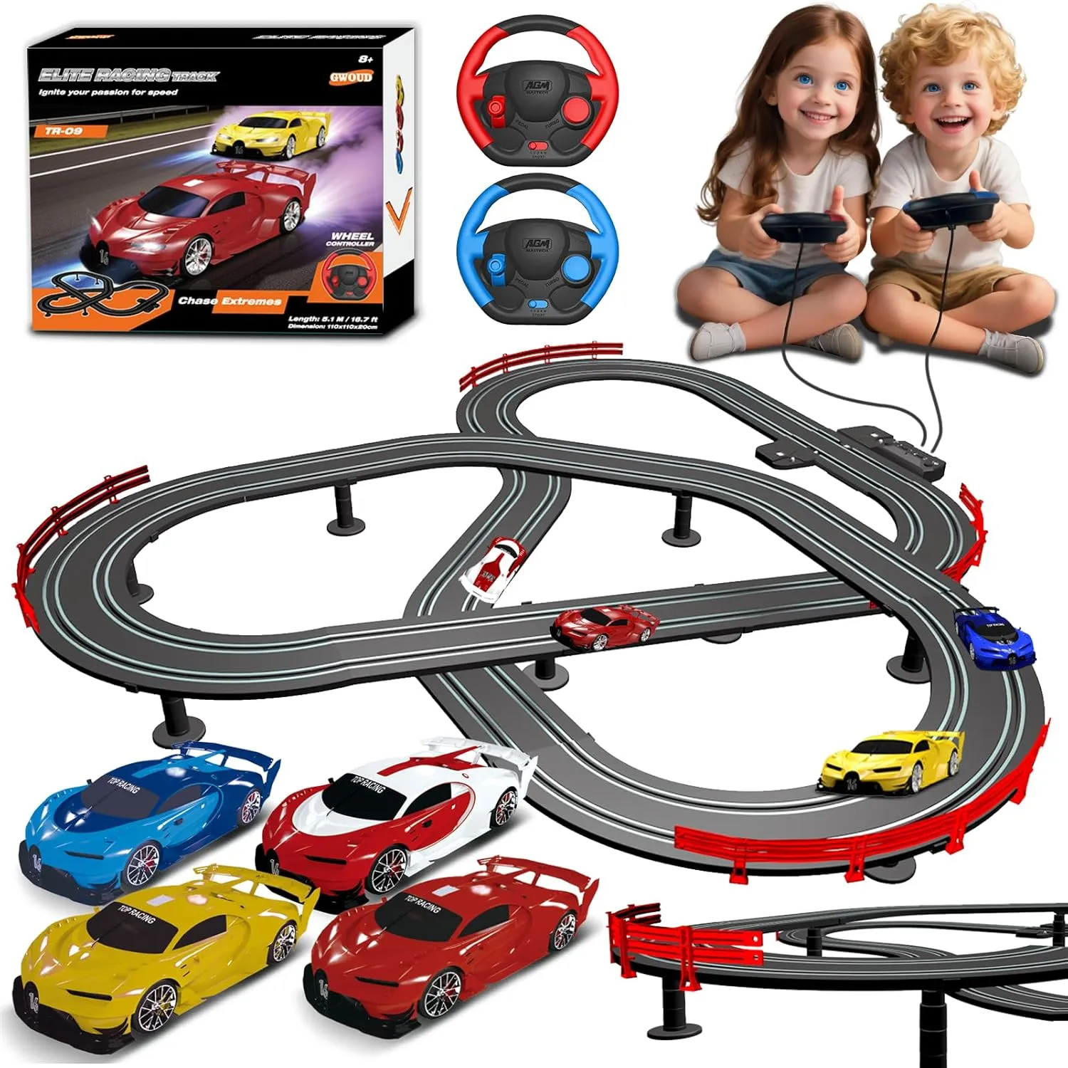 Slot Car Race Track Set with 4 Light-Up Cars, 2 Speed Adjustable Steering Wheel Controllers, 16.7ft Track with Overpass, Lap Counter, Dual Power Mode, Gift for Boys Girls Age 8 