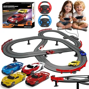 Slot Car Race Track Set with 4 Light-Up Cars, 2 Speed Adjustable Steering Wheel Controllers, 16.7ft Track with Overpass, Lap Counter, Dual Power Mode, Gift for Boys Girls Age 8 