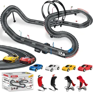 Slot Car Race Track Sets, Electric Race Car Track with 4 High-Speed Slot Cars, 2 Electric Controller and 2 Manual Controller Circular Overpass Track, Gift for Kids Ages 6 7 8-12